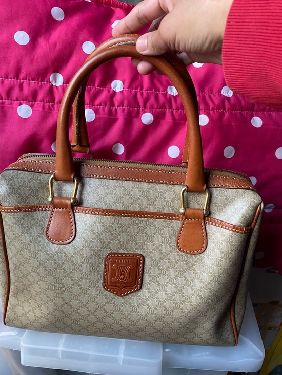 Celine Handbags - Celine Beige Monogram Satchel with Tan Trim